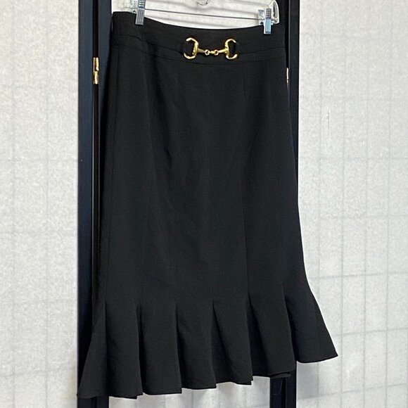 Sunny Leigh Vintage Black Midi Skirt Belt Gored Swirl Hem Classic Retro Style 10 - Picture 3 of 9